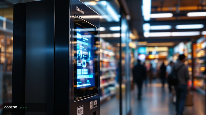 A photorealistic 8K editorial photograph of a Bitcoin ATM machine in an urban retail environment, shot from a low angle to em
