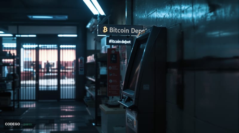 # Image Prompt:

A dimly-lit Bitcoin Depot ATM kiosk stands abandoned in a deserted convenience store corridor, with flickeri
