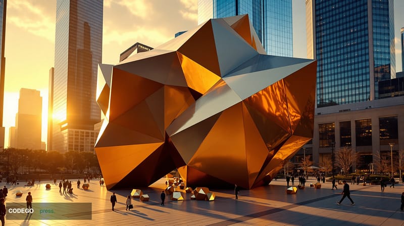 A dramatic aerial view of a massive Bitcoin symbol sculpture or installation dominating a modern financial district plaza, wi