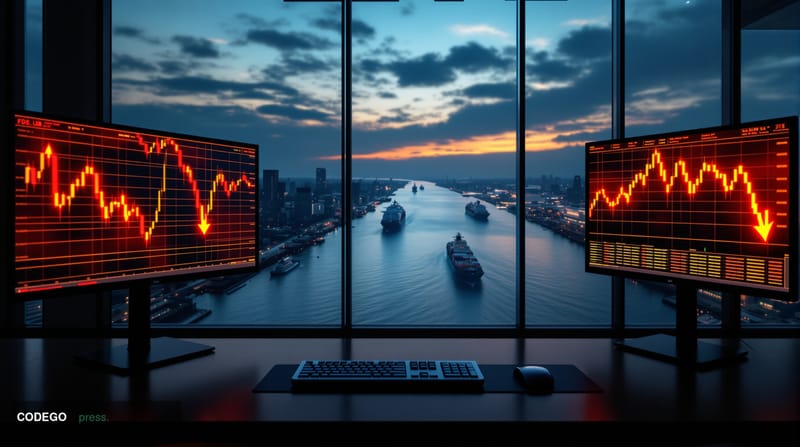 A dramatic photorealistic editorial photograph showing the intersection of geopolitical tension and financial markets. The fo