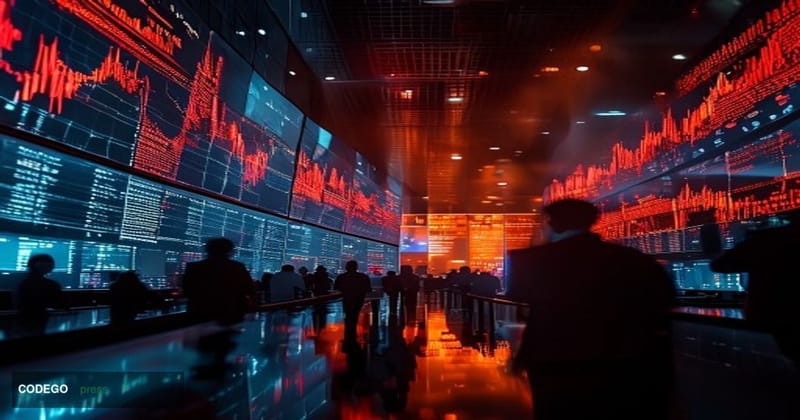 A cinematic editorial news photograph showing Bitcoin's price decline through a dramatic trading floor perspective. The scene