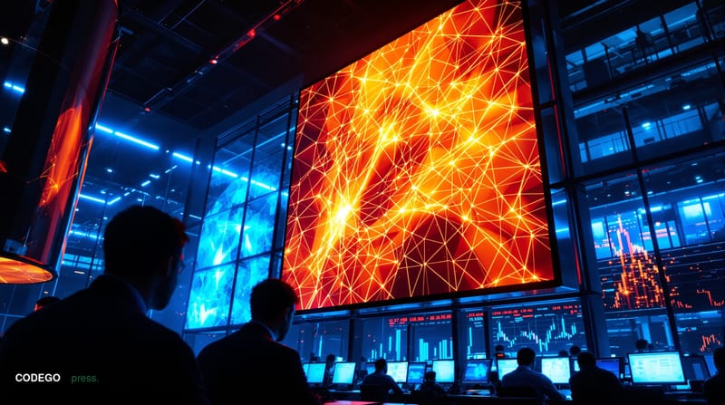 A dramatic editorial photograph of a modern financial trading floor with multiple large monitors displaying declining red cha