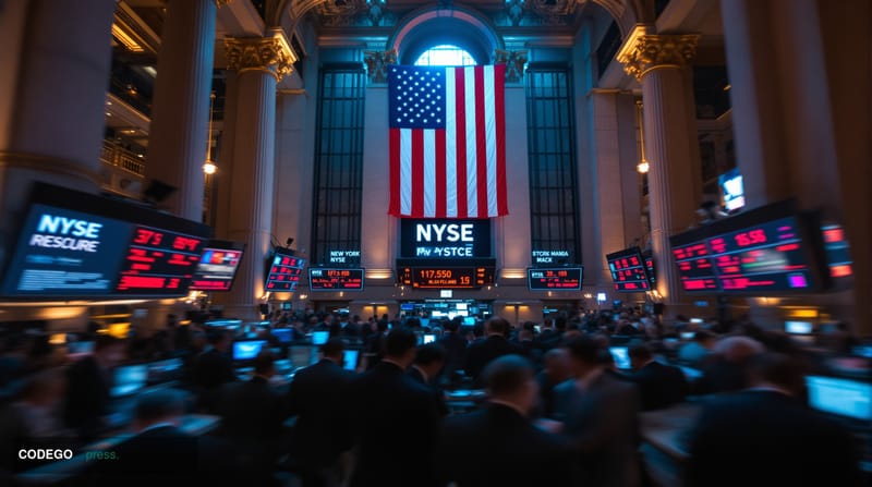 A cinematic editorial photograph of the New York Stock Exchange trading floor during market hours, captured with dramatic chi
