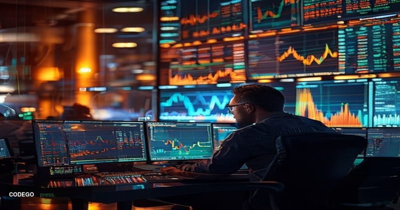A cinematic editorial photograph showing a modern cryptocurrency trading floor or fintech office with multiple large screens 