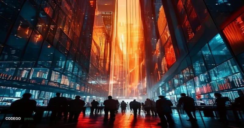 A dramatic photorealistic editorial photograph showing a large electronic trading floor display or digital billboard prominen