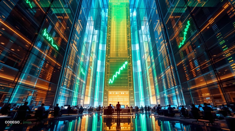 A cinematic editorial photograph showcasing Bitcoin's market momentum at the $80,000 level. The scene captures a modern crypt