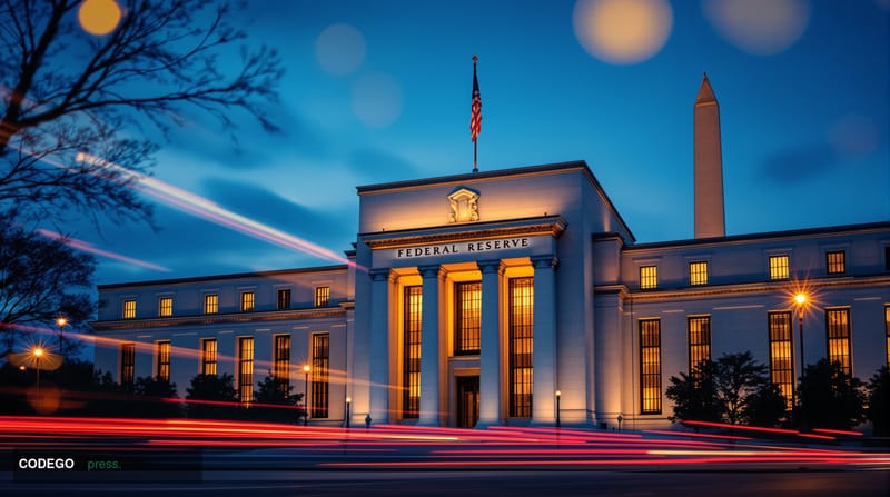 A dramatic cinematic photograph of the Federal Reserve building in Washington DC at dusk, with warm golden hour lighting cast