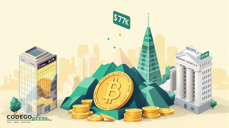 Large golden Bitcoin coin in centre reaching toward $77K price ticker, with mountain peak at the summit, Coinbase glass headq
