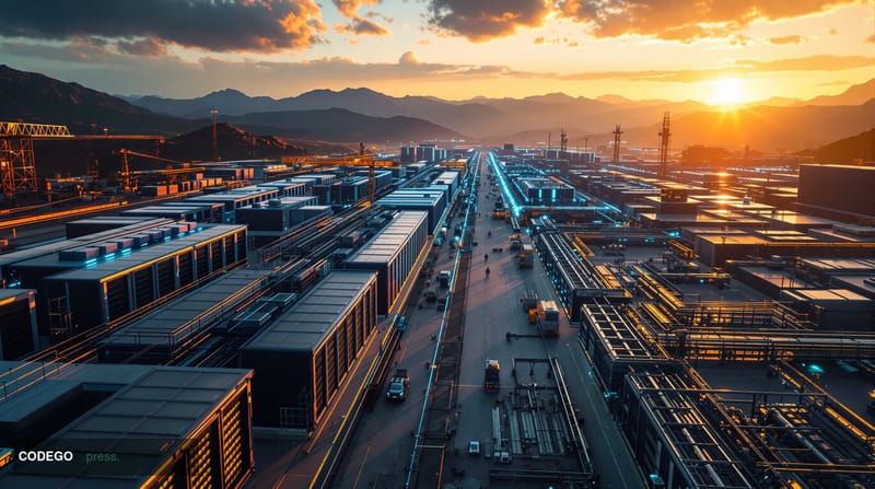 A dramatic photorealistic aerial view of a massive industrial Bitcoin mining facility at golden hour, with rows of sleek comp