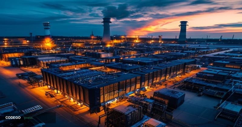 A dramatic aerial view of a massive Bitcoin mining facility transitioning into AI data center operations, shot during golden 