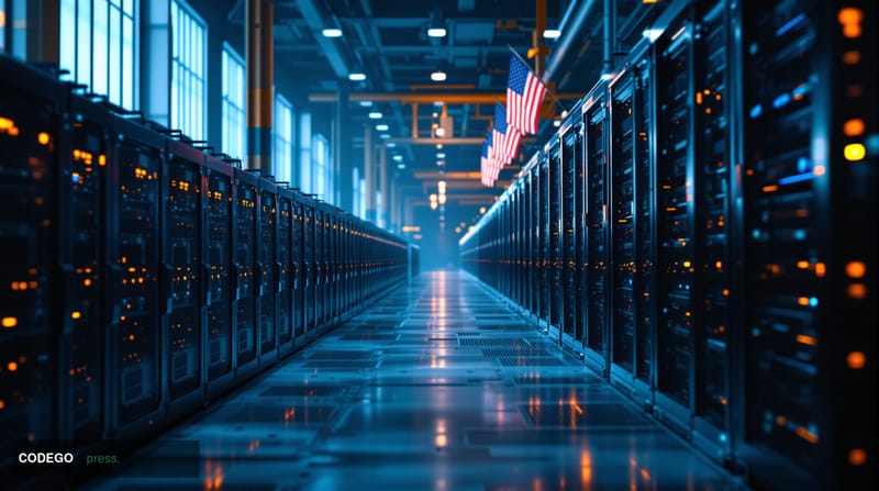 A cinematic editorial photograph showing a massive Bitcoin mining facility in transition, with rows of ASIC mining rigs in th