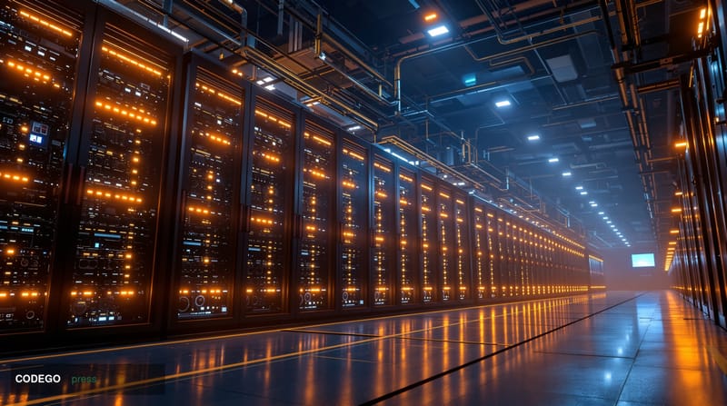 A cinematic editorial photograph capturing the convergence of cryptocurrency mining and AI infrastructure through a dramatic 