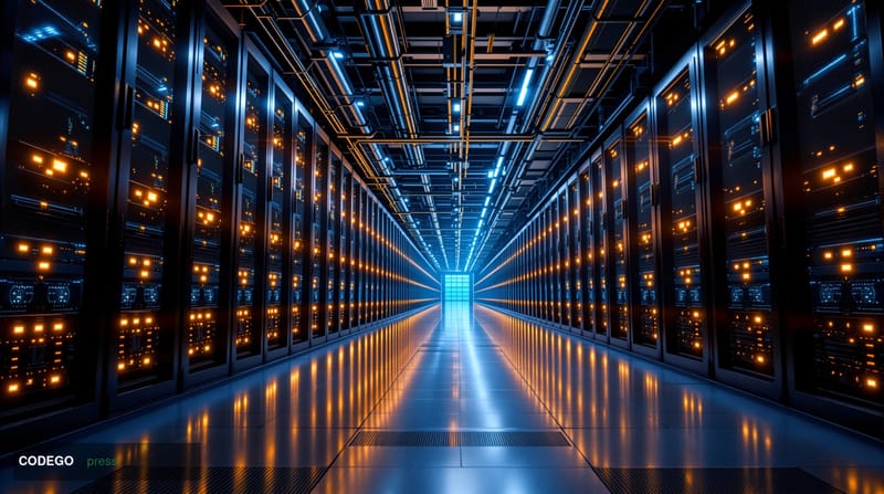 A photorealistic editorial photograph showing a massive Bitcoin mining facility interior with rows of ASIC mining hardware st
