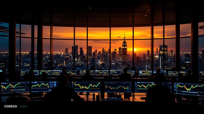 A cinematic editorial photograph of a modern cryptocurrency trading floor with multiple curved monitors displaying Bitcoin pr
