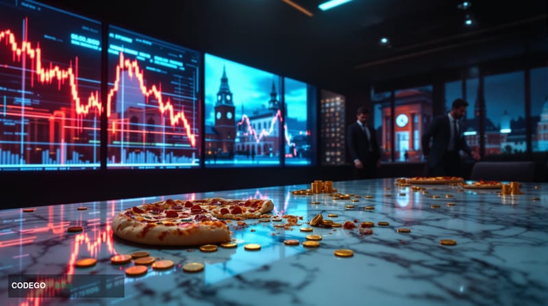 A photorealistic editorial photograph of a somber Bitcoin Pizza Day scene captured in cinematic 8K quality with dramatic chia