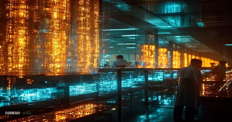 A dramatic cinematic photograph showing Bitcoin's iconic orange logo displayed on a massive digital screen within a high-tech