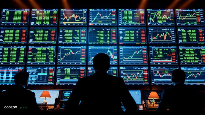 A dramatic cinematic editorial photograph capturing Bitcoin's volatile price action through a sophisticated trading floor env