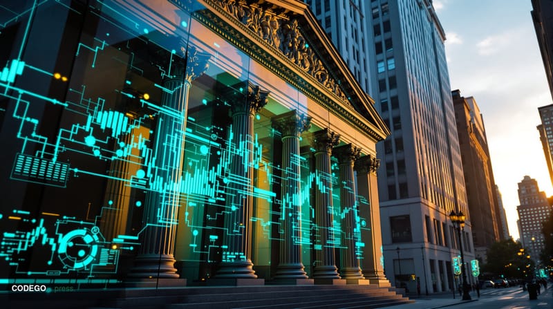 A photorealistic editorial photograph showing the New York Stock Exchange building facade in lower Manhattan during golden ho