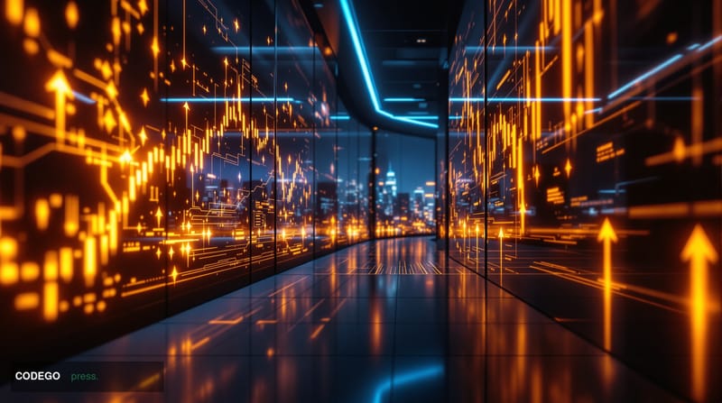 A cinematic editorial photograph of multiple large digital display screens in a modern cryptocurrency trading floor or financ