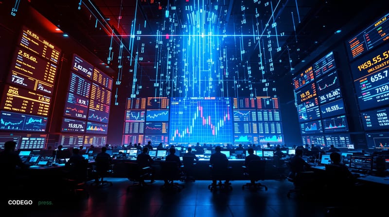 A dramatic cinematic editorial photograph capturing Bitcoin's price struggle at a critical technical level. The scene shows a