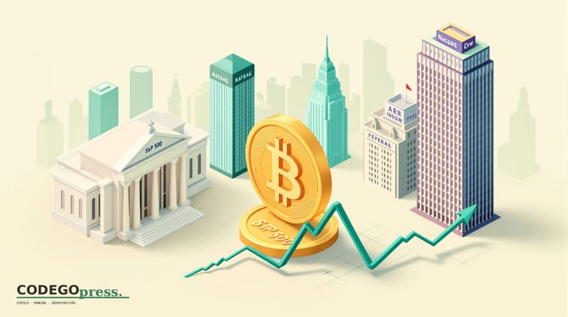 Golden Bitcoin coin in centre rising above a navy S&P 500 index chart line, Federal Reserve neoclassical marble-pillar buildi