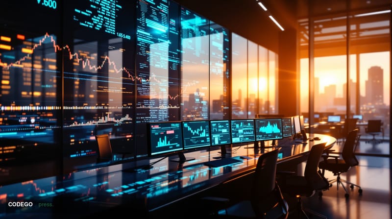 A cinematic editorial photograph showing a modern cryptocurrency trading floor or financial district office at golden hour, w