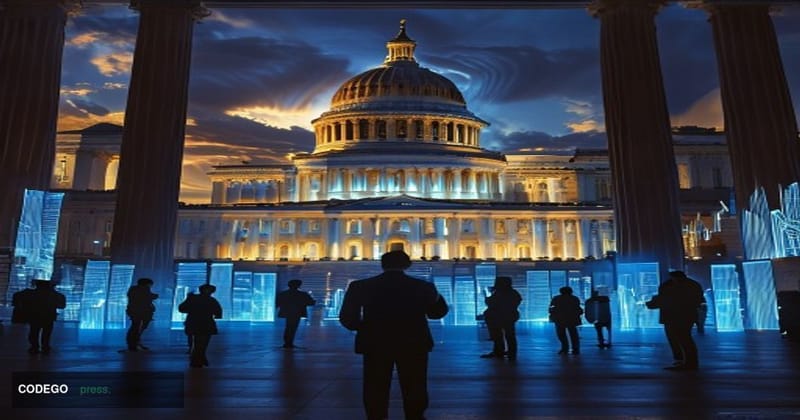A dramatic wide-angle shot of the United States Capitol building at dusk with warm golden hour lighting casting long shadows 
