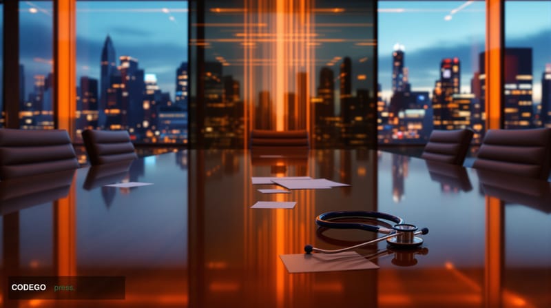 A photorealistic editorial photograph showing a modern corporate boardroom with floor-to-ceiling windows overlooking a city s