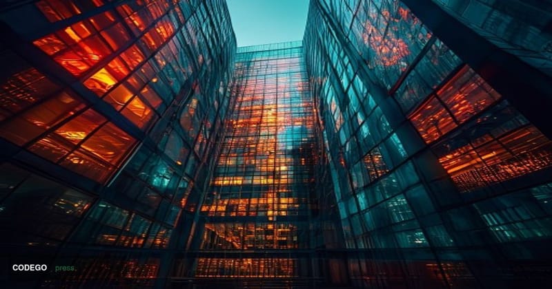 A dramatic photorealistic editorial photograph of a large digital trading floor or cryptocurrency exchange headquarters at du