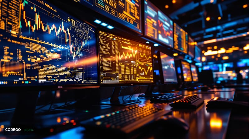 A cinematic editorial photograph capturing Bitcoin's price volatility and technical resistance levels. The scene shows a dram