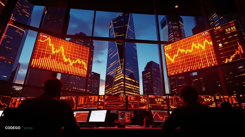 A dramatic photorealistic editorial photograph capturing the intersection of cryptocurrency and tech earnings anxiety. The sc