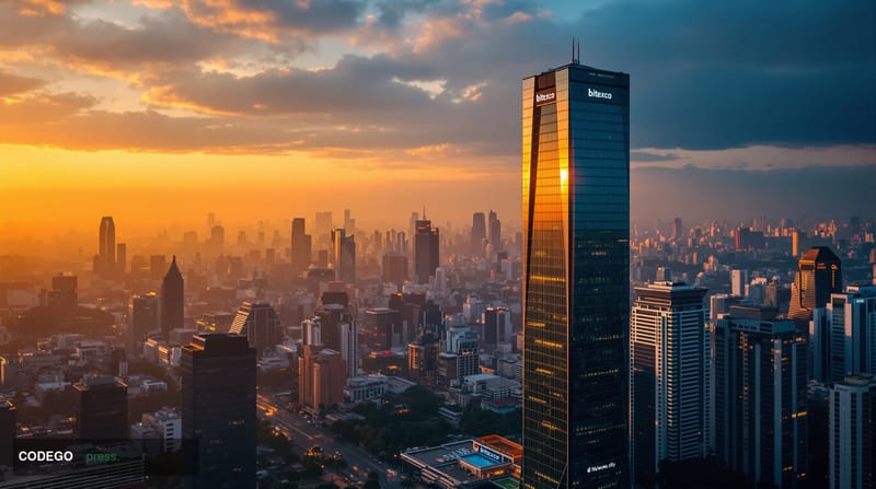 A cinematic editorial photograph capturing Ho Chi Minh City's modern financial district skyline at golden hour, featuring the