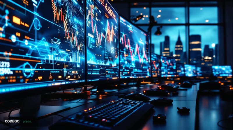A photorealistic editorial photograph showing a modern cryptocurrency trading floor or blockchain company headquarters with m