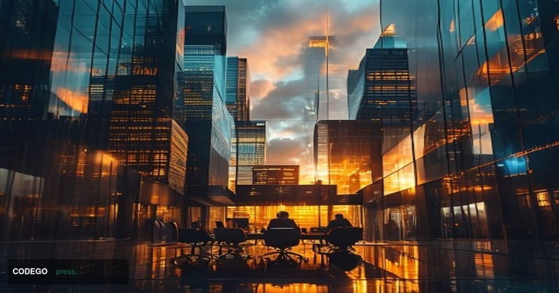 A cinematic editorial photograph showing the bustling financial district of New York City at golden hour, with modern glass s
