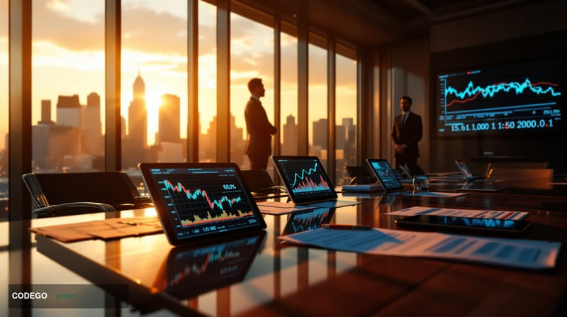 A photorealistic editorial photograph showcasing the stark contrast between corporate finance success and cryptocurrency vola