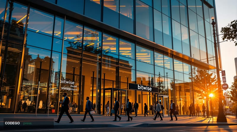A cinematic editorial photograph showing the exterior of Bitwise Asset Management's headquarters in San Francisco, with the c