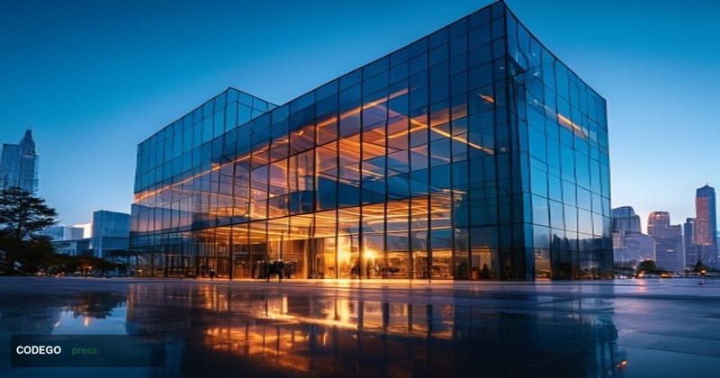 A photorealistic editorial photograph showing Bitwise's San Francisco headquarters building with its distinctive modern glass