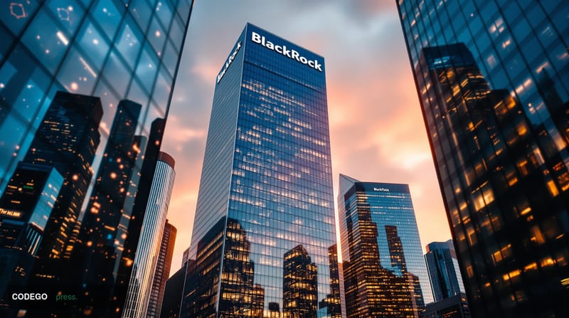A cinematic editorial photograph of BlackRock's imposing corporate headquarters at 50 Hudson Yards in New York City, shot fro