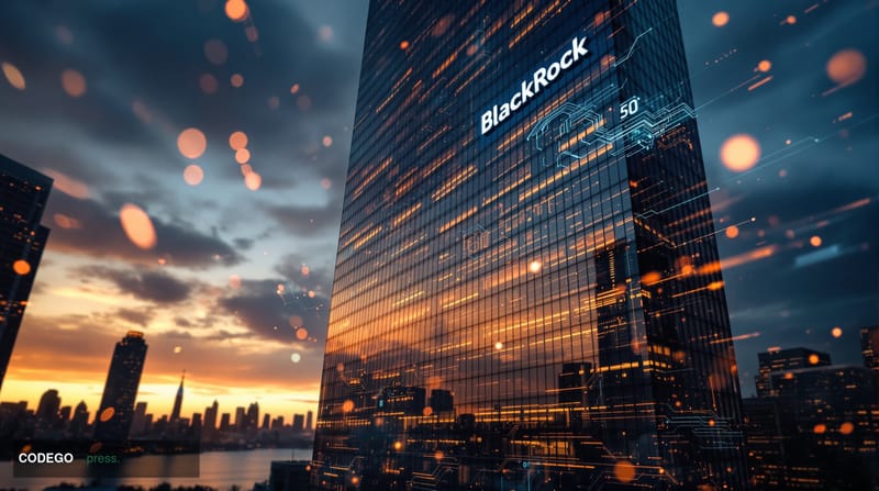A cinematic editorial photograph capturing BlackRock's Manhattan headquarters at 50 Hudson Yards, shot from a low angle durin