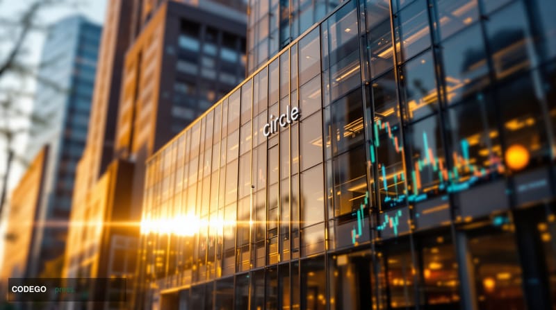 A cinematic editorial photograph showing Circle's Boston headquarters building exterior in dramatic late afternoon lighting, 