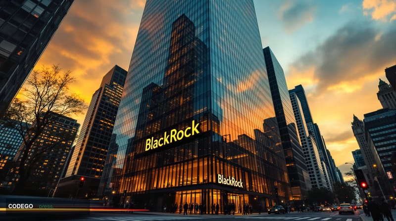 A photorealistic editorial photograph of BlackRock's iconic headquarters building in Manhattan's Midtown district, shot from 
