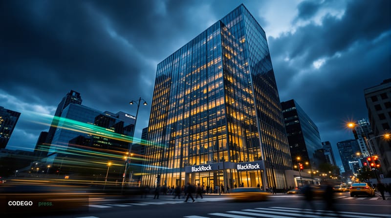 A dramatic wide-angle photograph of BlackRock's Manhattan headquarters at 55 East 52nd Street, shot from street level looking