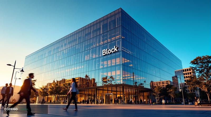 A striking editorial photograph of Block's headquarters in Oakland, California, captured from a low angle to emphasize the bu