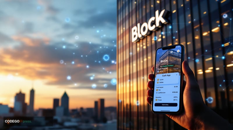 A photorealistic editorial photograph showcasing Block's San Francisco headquarters building with its distinctive modern glas