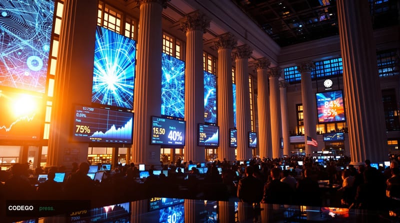 A photorealistic editorial photograph of the New York Stock Exchange trading floor at closing bell, with multiple large digit