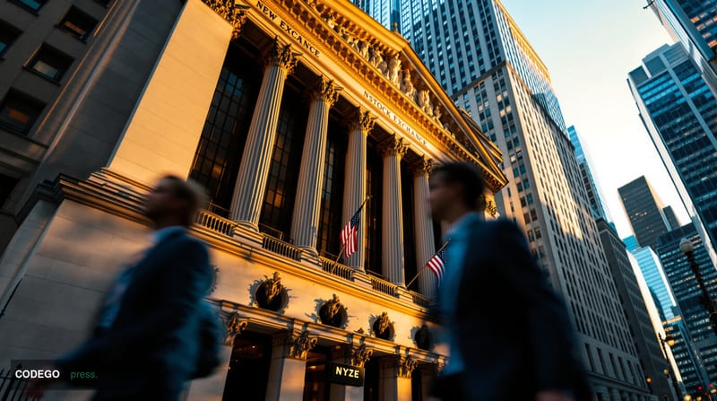 A cinematic editorial photograph of the New York Stock Exchange building exterior on Wall Street, captured during golden hour