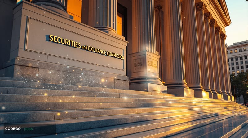 Photorealistic 8K editorial photograph showing the imposing neoclassical facade of the SEC headquarters building in Washingto