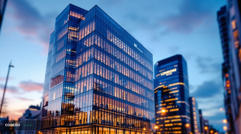 A photorealistic 8K editorial photograph showcasing Blockchain.com's London headquarters building exterior during the golden 