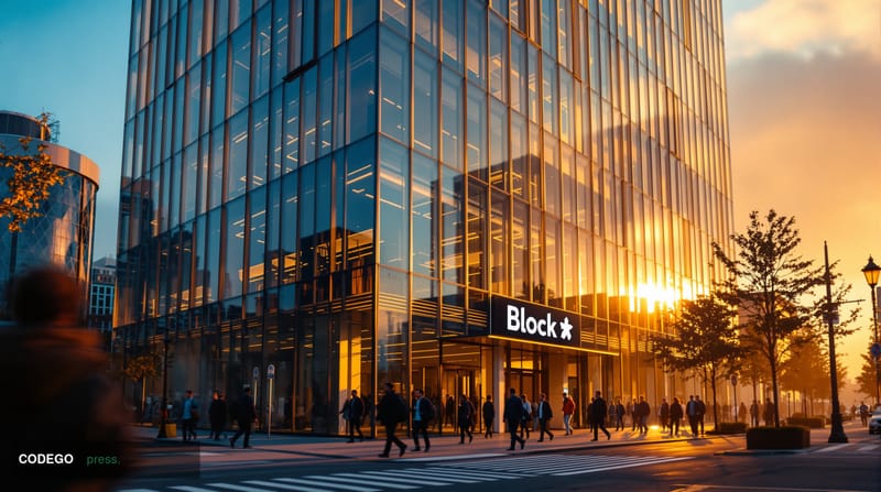 A cinematic editorial photograph of Block's distinctive modern headquarters building in San Francisco's South of Market distr