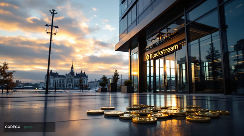 A photorealistic editorial photograph showing the exterior of Blockstream's corporate headquarters in Victoria, Canada, captu
